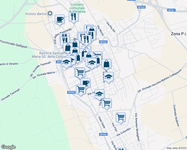 map of restaurants, bars, coffee shops, grocery stores, and more near 19 Via Ferruccio in Parabita