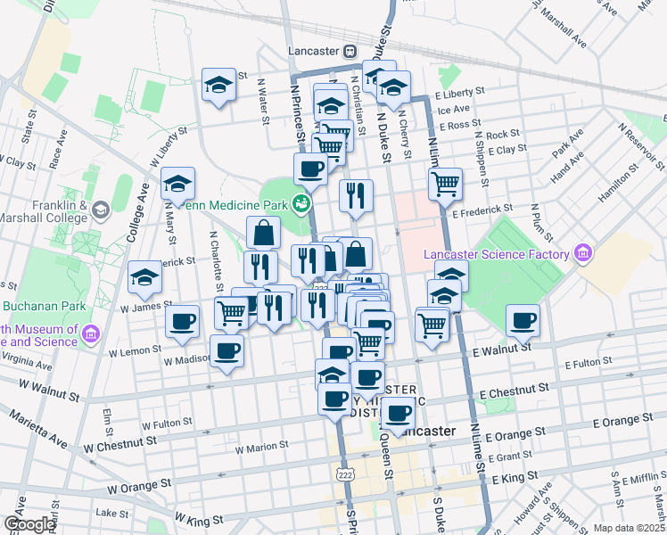 map of restaurants, bars, coffee shops, grocery stores, and more near 512 North Market Street in Lancaster