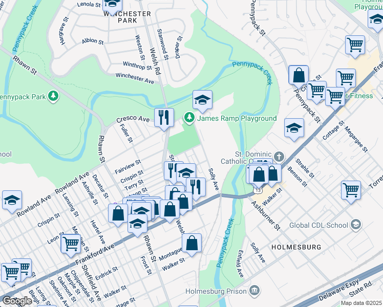 map of restaurants, bars, coffee shops, grocery stores, and more near 3406 Hess Street in Philadelphia