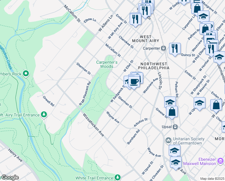 map of restaurants, bars, coffee shops, grocery stores, and more near 658 West Ellet Street in Philadelphia