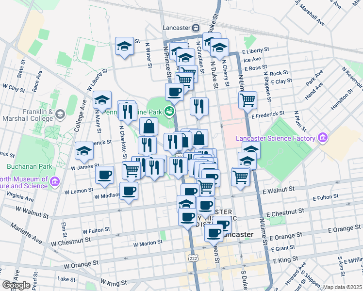 map of restaurants, bars, coffee shops, grocery stores, and more near 523 North Prince Street in Lancaster