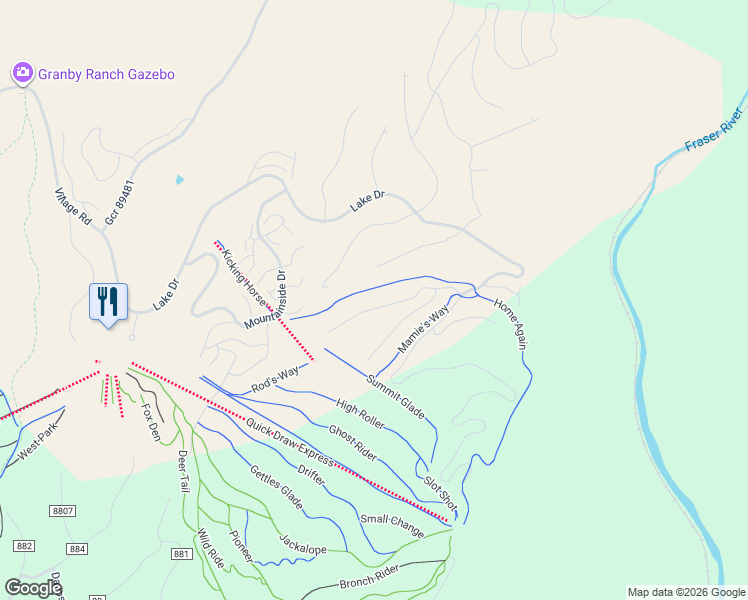 map of restaurants, bars, coffee shops, grocery stores, and more near 1115 Cirrus Way in Granby