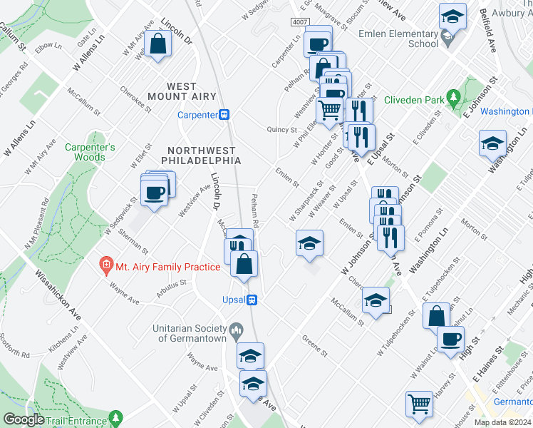 map of restaurants, bars, coffee shops, grocery stores, and more near 305 West Hortter Street in Philadelphia