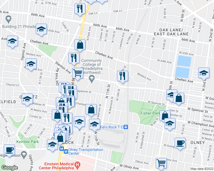 map of restaurants, bars, coffee shops, grocery stores, and more near 6144 North 11th Street in Philadelphia