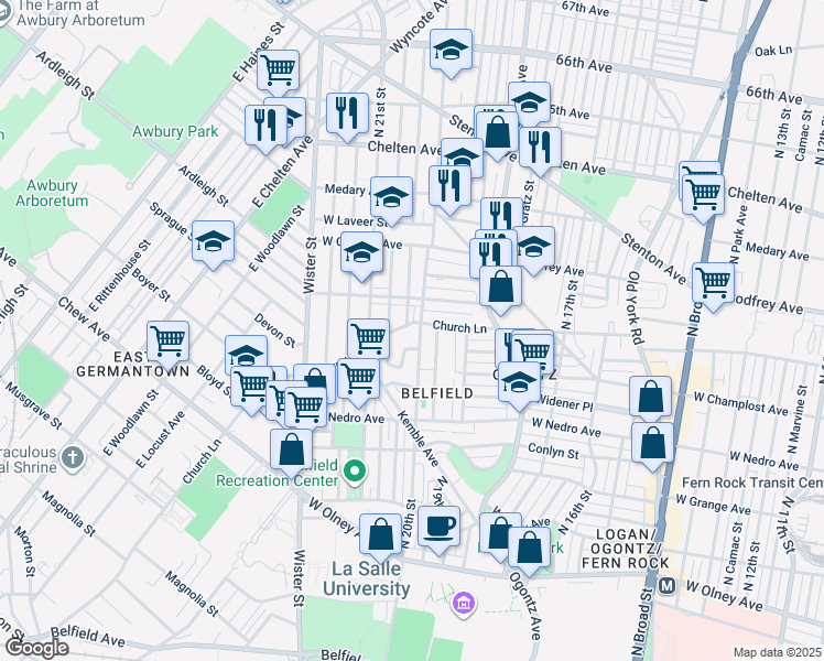 map of restaurants, bars, coffee shops, grocery stores, and more near 2010 Church Lane in Philadelphia
