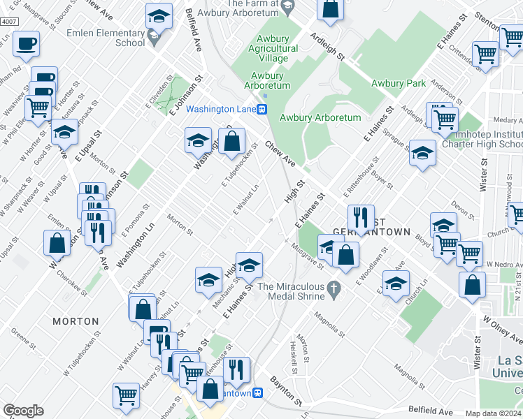map of restaurants, bars, coffee shops, grocery stores, and more near 450 East Cosgrove Street in Philadelphia