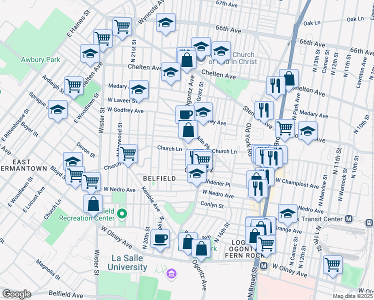 map of restaurants, bars, coffee shops, grocery stores, and more near Ogontz Ave & Church Ln in Philadelphia