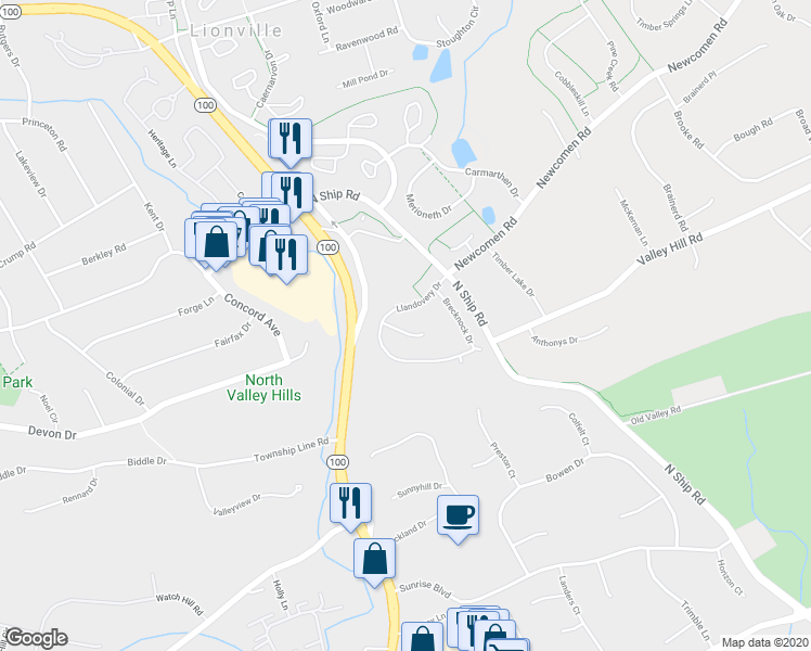 map of restaurants, bars, coffee shops, grocery stores, and more near 105 Aberdare Lane in Exton