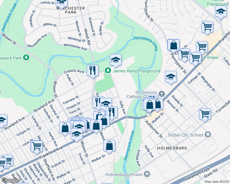 map of restaurants, bars, coffee shops, grocery stores, and more near 8255 Crispin Street in Philadelphia