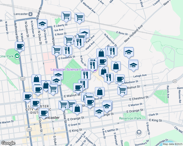 map of restaurants, bars, coffee shops, grocery stores, and more near 502 North Plum Street in Lancaster
