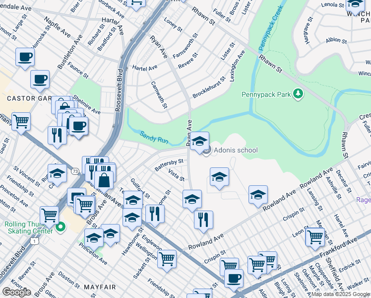 map of restaurants, bars, coffee shops, grocery stores, and more near 2928 Sandyford Avenue in Philadelphia