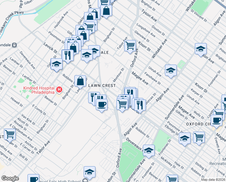 map of restaurants, bars, coffee shops, grocery stores, and more near 813 Levick Street in Philadelphia