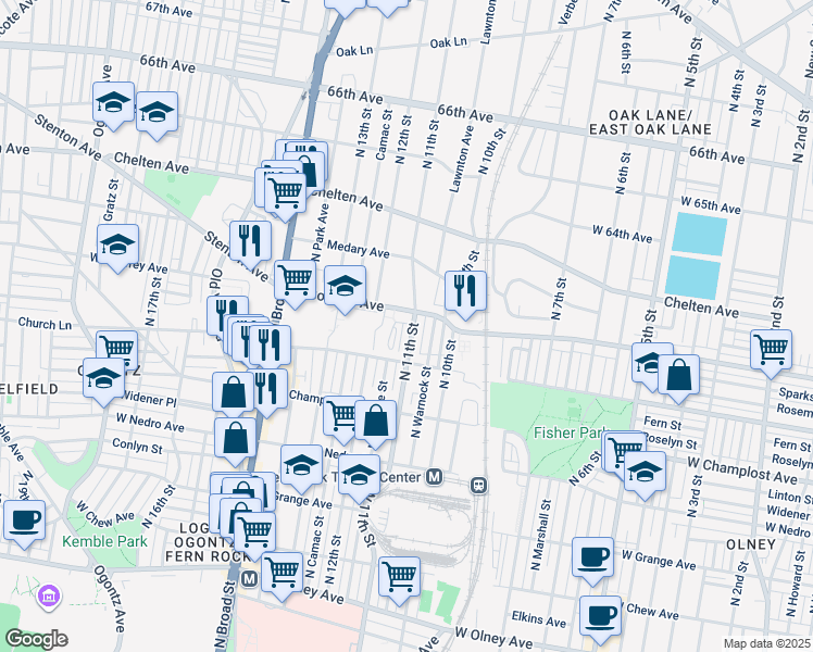 map of restaurants, bars, coffee shops, grocery stores, and more near 6144 North 11th Street in Philadelphia