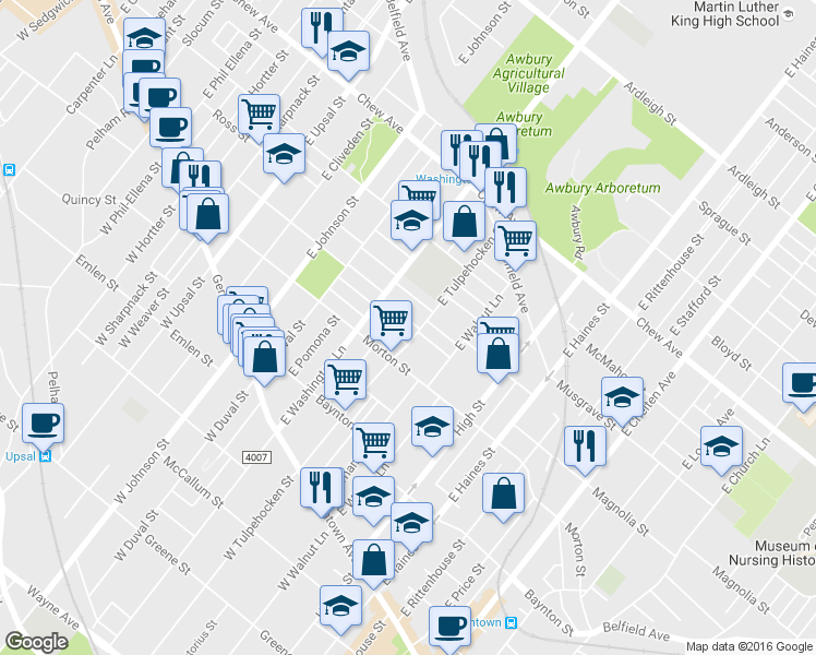 map of restaurants, bars, coffee shops, grocery stores, and more near 6210 Magnolia Street in Philadelphia