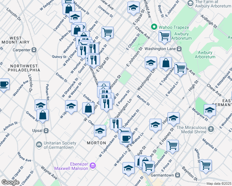 map of restaurants, bars, coffee shops, grocery stores, and more near 139 East Duval Street in Philadelphia