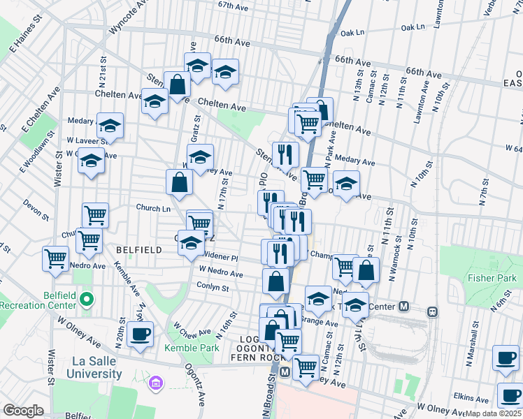 map of restaurants, bars, coffee shops, grocery stores, and more near 6100 Old York Road in Philadelphia