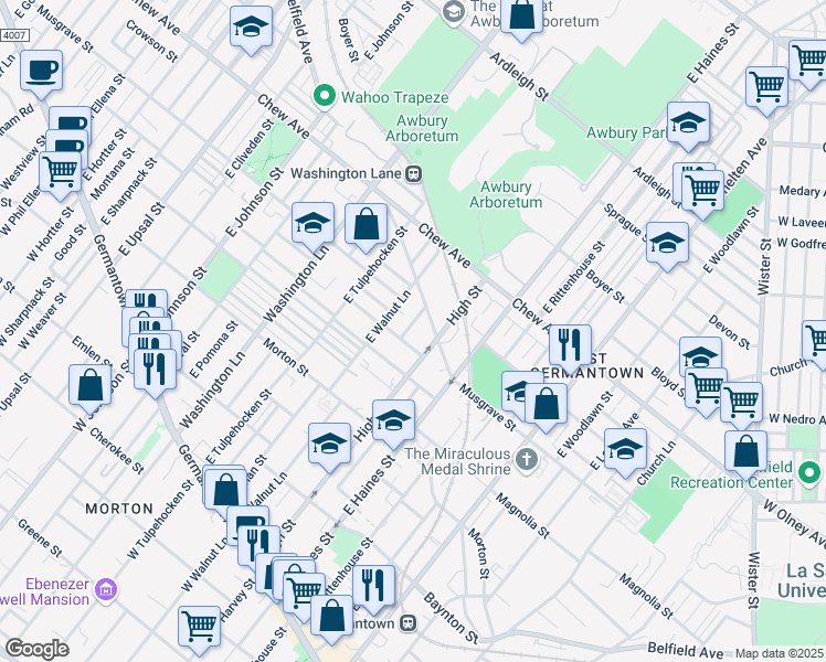 map of restaurants, bars, coffee shops, grocery stores, and more near 450 East Cosgrove Street in Philadelphia