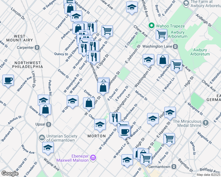 map of restaurants, bars, coffee shops, grocery stores, and more near 50 East Johnson Street in Philadelphia