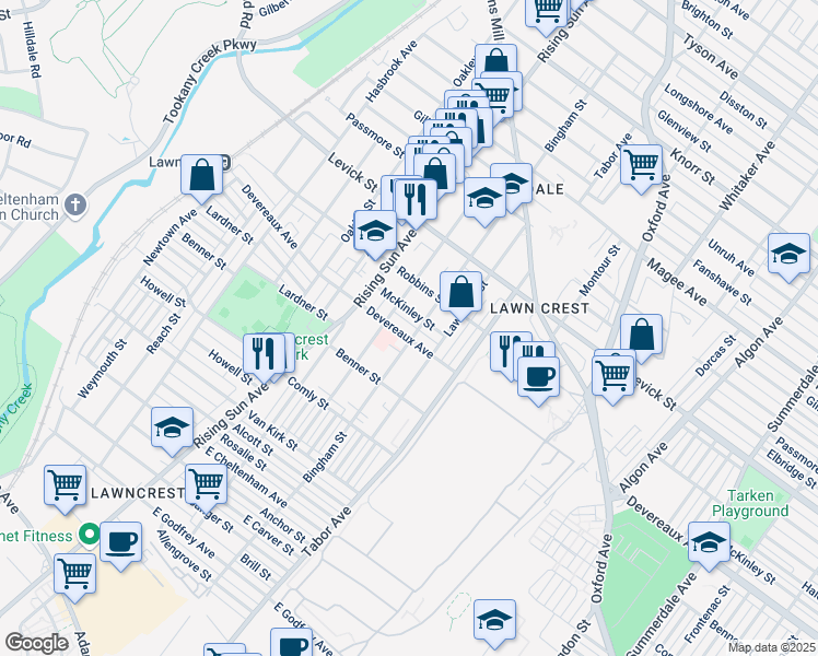 map of restaurants, bars, coffee shops, grocery stores, and more near 555 Devereaux Avenue in Philadelphia