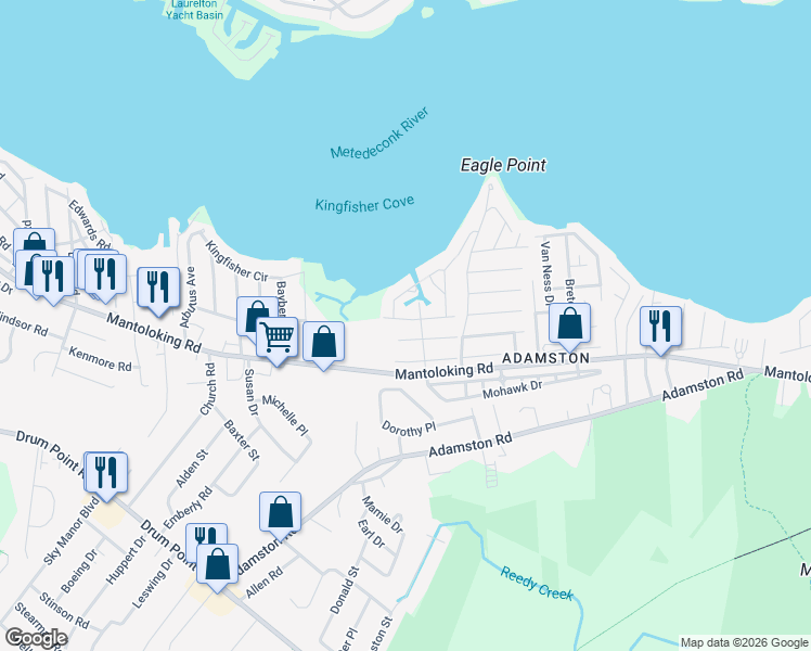 map of restaurants, bars, coffee shops, grocery stores, and more near 500 Riverside Drive South in Brick Township