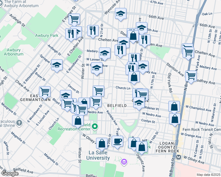 map of restaurants, bars, coffee shops, grocery stores, and more near 2006 1/2 Church Lane in Philadelphia