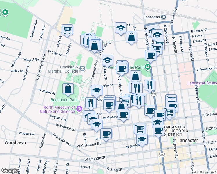 map of restaurants, bars, coffee shops, grocery stores, and more near 444 West Frederick Street in Lancaster