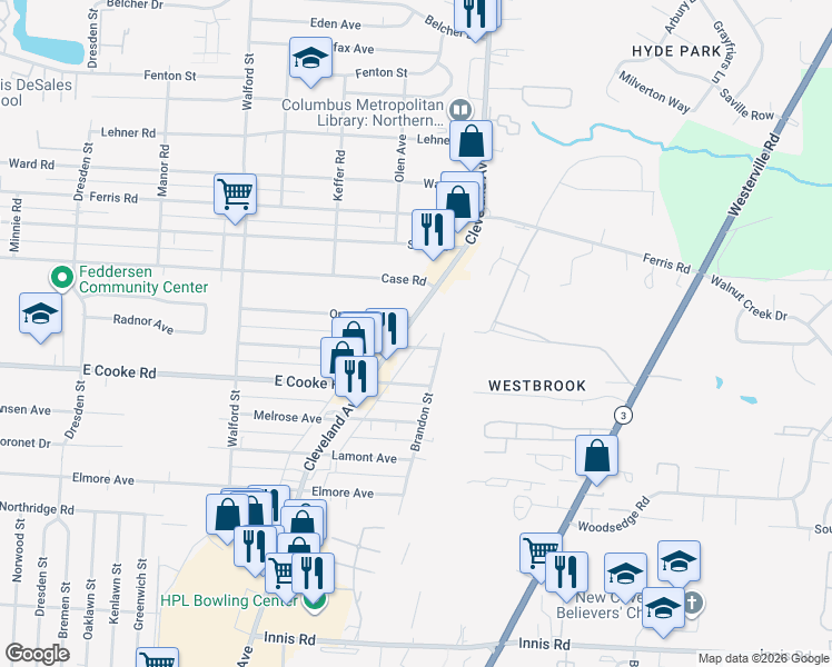 map of restaurants, bars, coffee shops, grocery stores, and more near 3816 Cleveland Avenue in Columbus