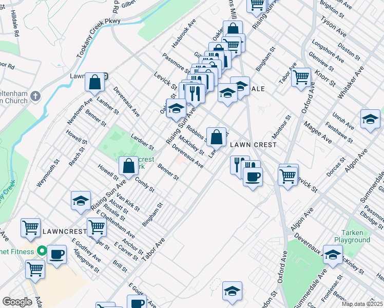 map of restaurants, bars, coffee shops, grocery stores, and more near 555 Devereaux Avenue in Philadelphia