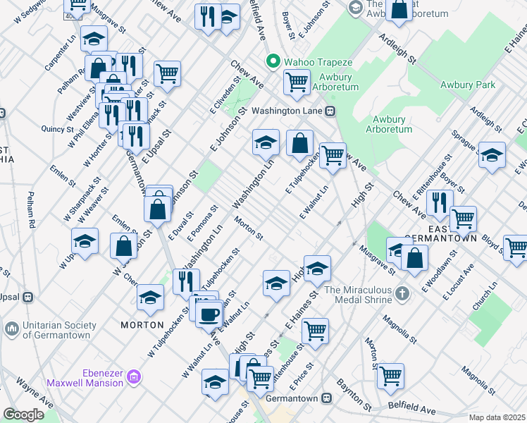 map of restaurants, bars, coffee shops, grocery stores, and more near 6210 Magnolia Street in Philadelphia