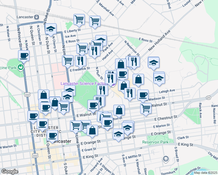map of restaurants, bars, coffee shops, grocery stores, and more near 502 North Plum Street in Lancaster