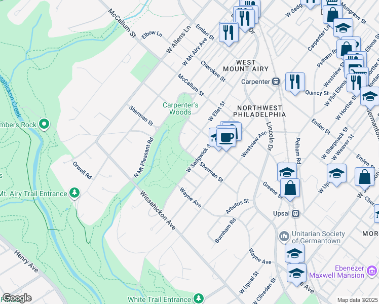 map of restaurants, bars, coffee shops, grocery stores, and more near 658 West Ellet Street in Philadelphia