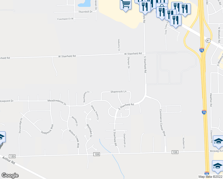 map of restaurants, bars, coffee shops, grocery stores, and more near 2267 Shamrock Lane in Troy