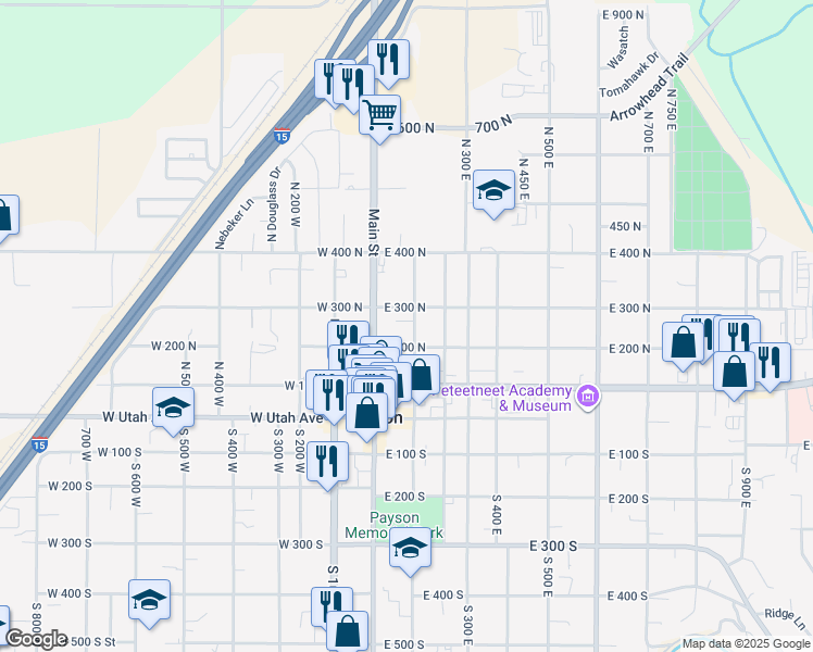 map of restaurants, bars, coffee shops, grocery stores, and more near 241 North 100 East in Payson
