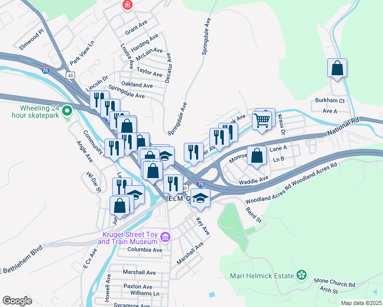 map of restaurants, bars, coffee shops, grocery stores, and more near 31-2339 Overbrook Ave in Wheeling