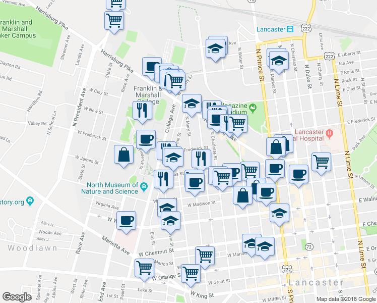 map of restaurants, bars, coffee shops, grocery stores, and more near 554 North Mary Street in Lancaster