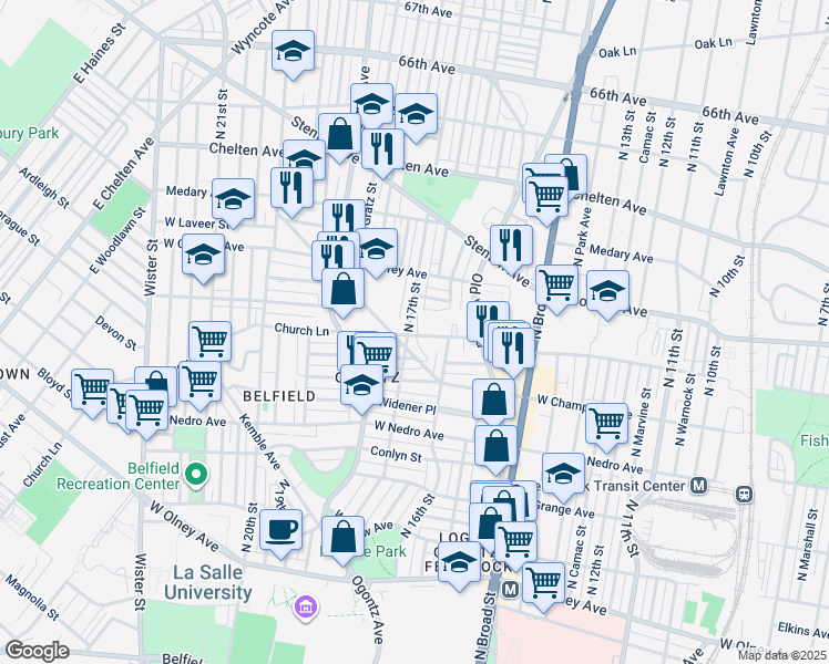 map of restaurants, bars, coffee shops, grocery stores, and more near 6101 North 17th Street in Philadelphia