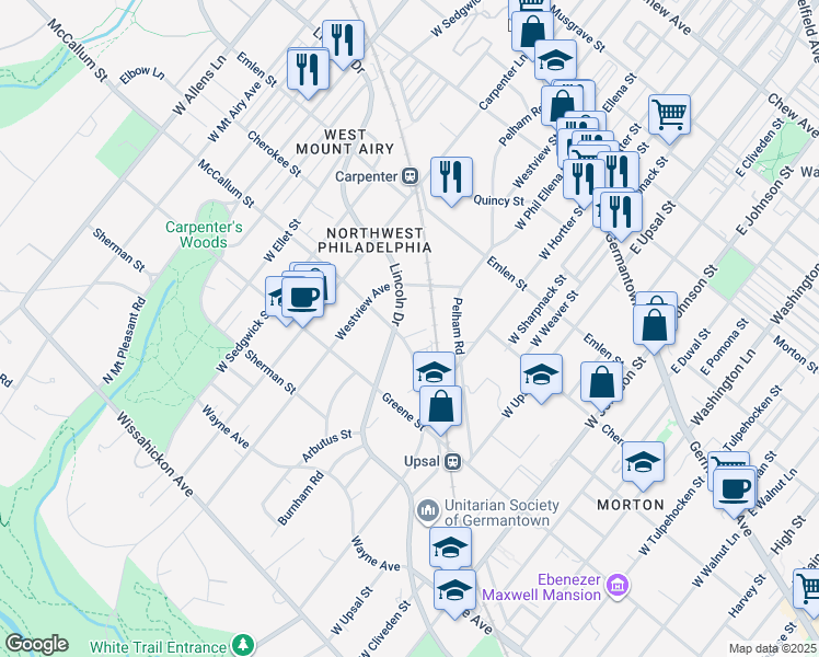 map of restaurants, bars, coffee shops, grocery stores, and more near 6703 Lincoln Drive in Philadelphia