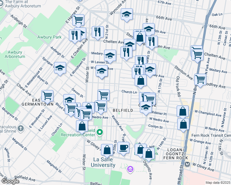 map of restaurants, bars, coffee shops, grocery stores, and more near 2010 Church Lane in Philadelphia