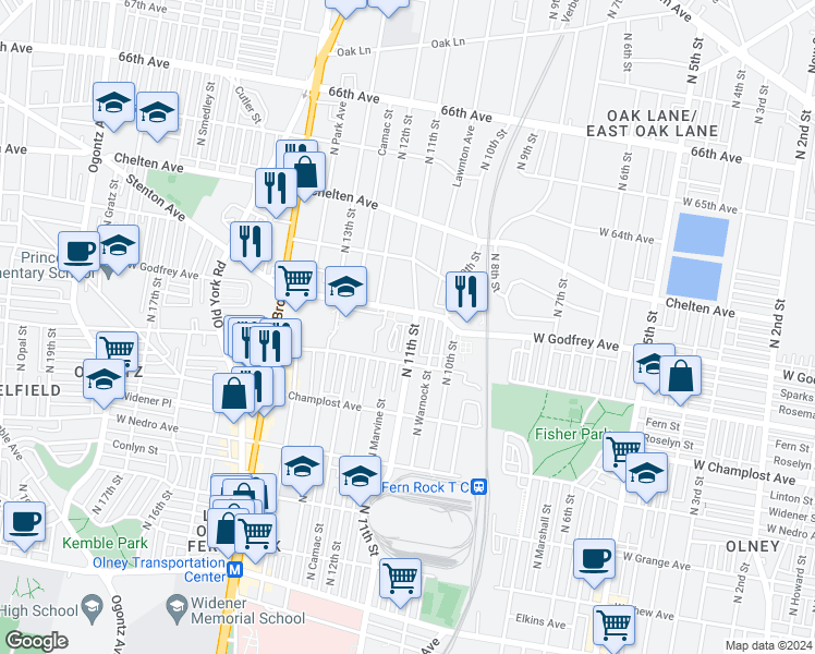 map of restaurants, bars, coffee shops, grocery stores, and more near 6146 North 11th Street in Philadelphia