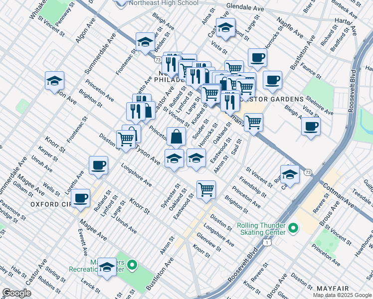 map of restaurants, bars, coffee shops, grocery stores, and more near 1925 Princeton Avenue in Philadelphia
