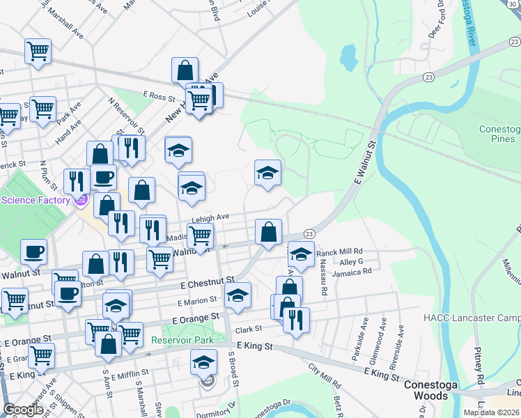 map of restaurants, bars, coffee shops, grocery stores, and more near 1001 Lehigh Avenue in Lancaster