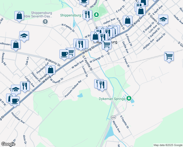 map of restaurants, bars, coffee shops, grocery stores, and more near 228 South Fayette Street in Shippensburg