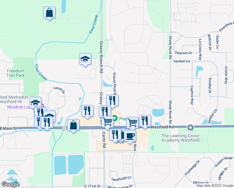 map of restaurants, bars, coffee shops, grocery stores, and more near 17879 Grassy Knoll Ln in Westfield
