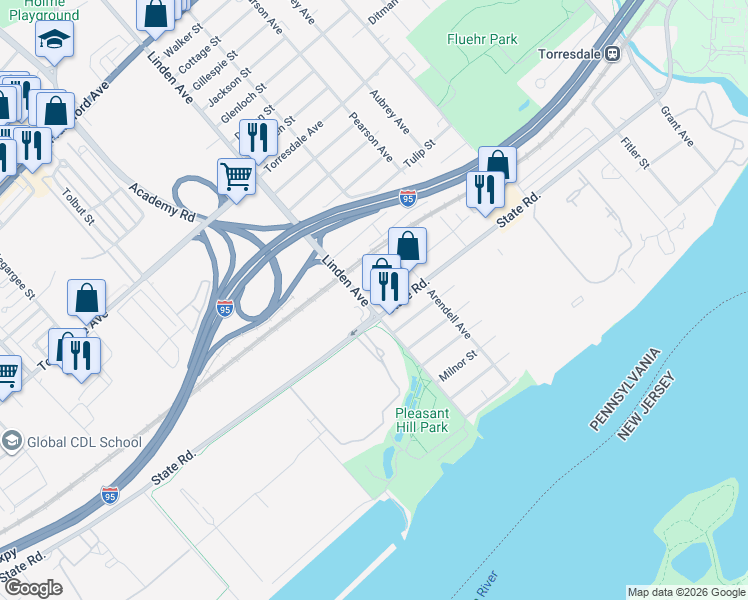 map of restaurants, bars, coffee shops, grocery stores, and more near 4967-4989 Linden Ave in Philadelphia