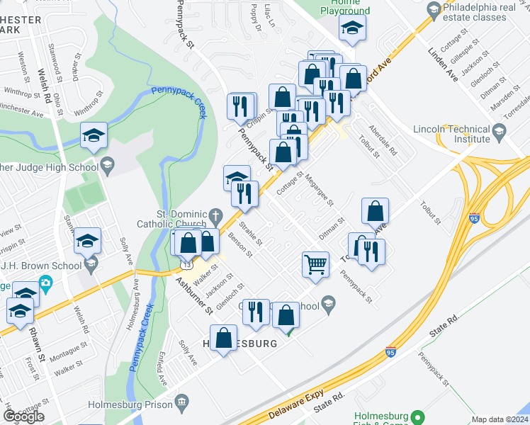 map of restaurants, bars, coffee shops, grocery stores, and more near 4420 Pennypack Street in Philadelphia