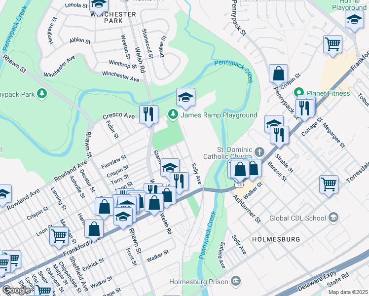map of restaurants, bars, coffee shops, grocery stores, and more near 8255 Crispin Street in Philadelphia