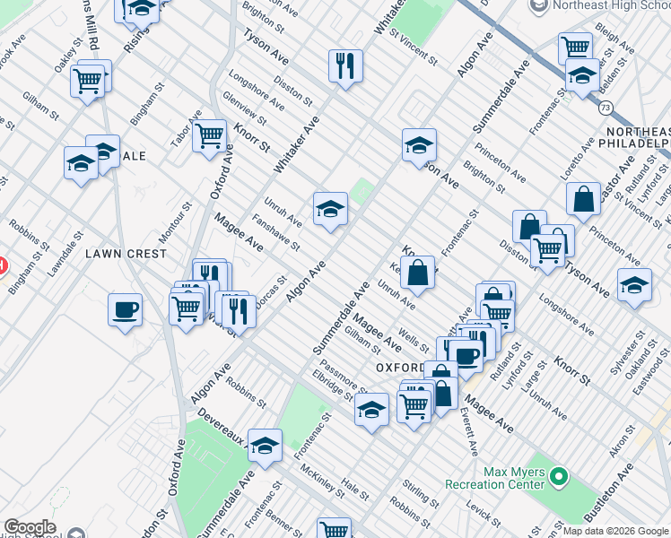 map of restaurants, bars, coffee shops, grocery stores, and more near 1100 Unruh Avenue in Philadelphia