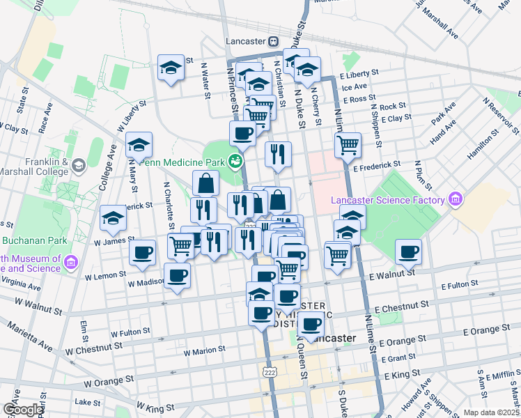 map of restaurants, bars, coffee shops, grocery stores, and more near 538 North Queen Street in Lancaster