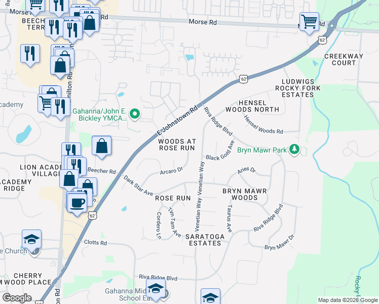 map of restaurants, bars, coffee shops, grocery stores, and more near 695 Rose Way in Columbus