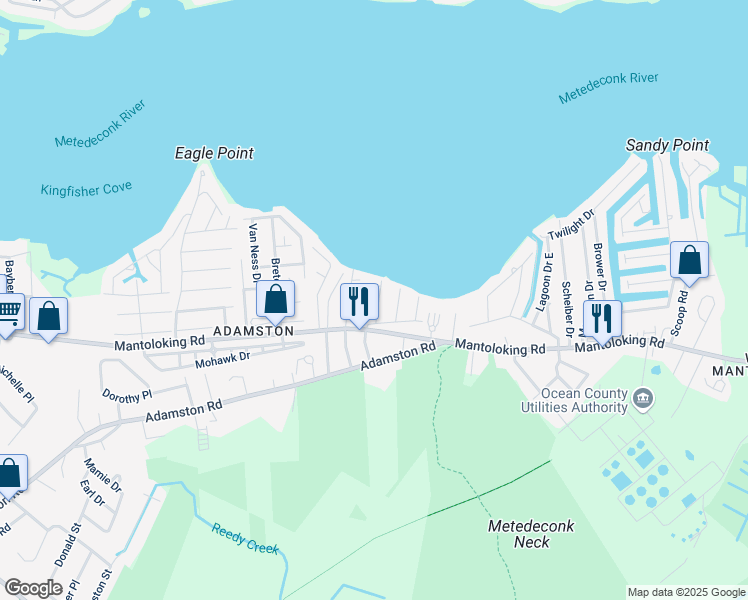 map of restaurants, bars, coffee shops, grocery stores, and more near 19 Ebb Tide Drive in Brick Township